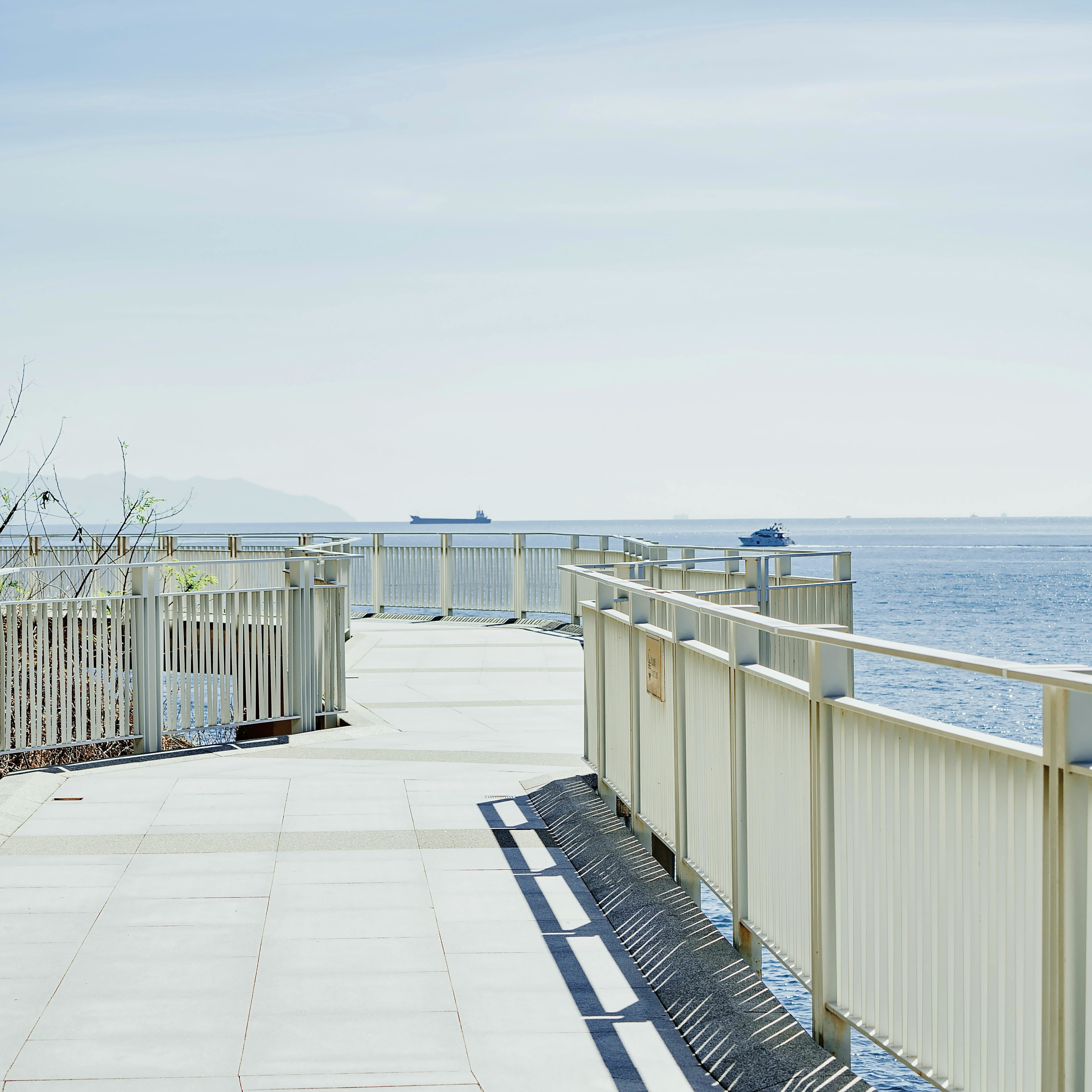 A fenced boardwalk over water